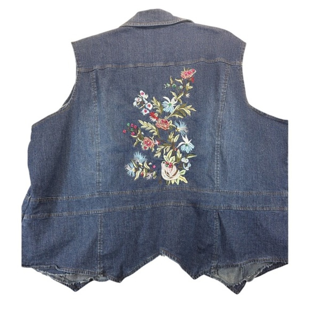 Denim‎ Vest 3X Floral Embroidered Beaded Button Front Western Boho NY Collection
